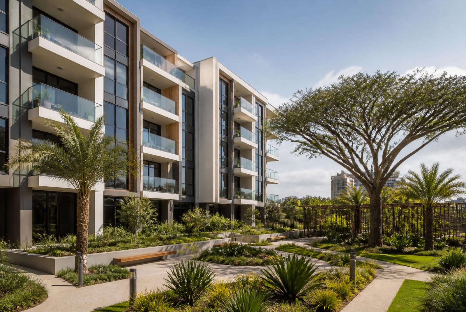A modern low-rise apartment development with glass balconies beside a landscaped garden courtyard