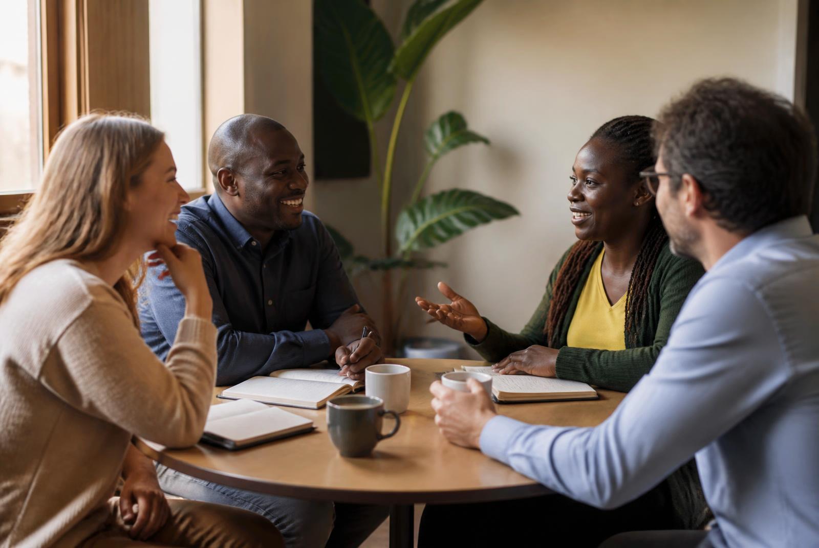 Four professionals in relaxed conversation around a small table with notebooks and coffee cups